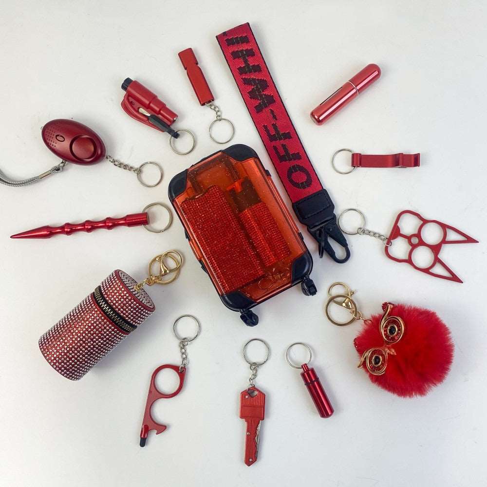 16 PCS All RED Keychain Set | Includes self-defense multifunctional flashlight and spray