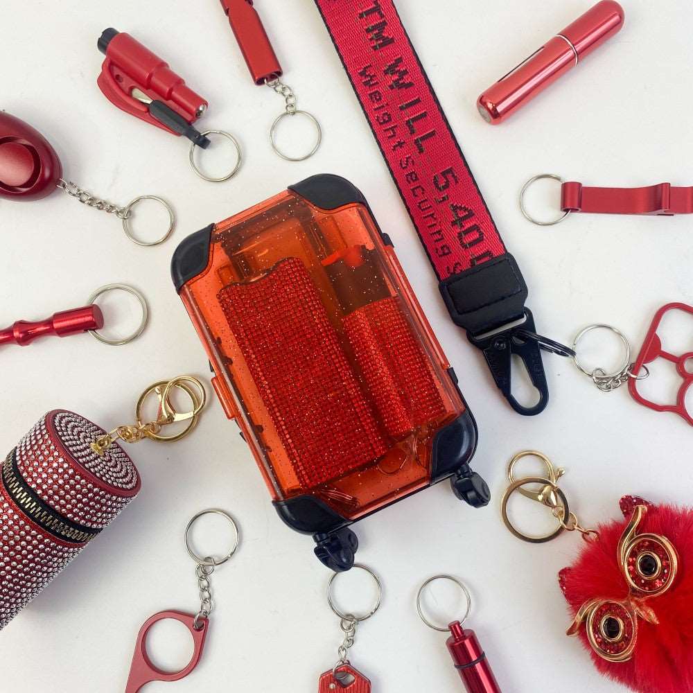 16 PCS All RED Keychain Set | Includes self-defense multifunctional flashlight and spray