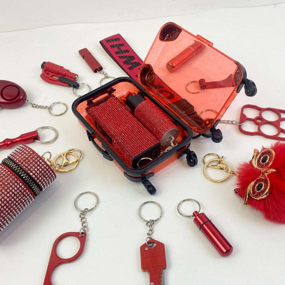 16 PCS All RED Keychain Set | Includes self-defense multifunctional flashlight and spray