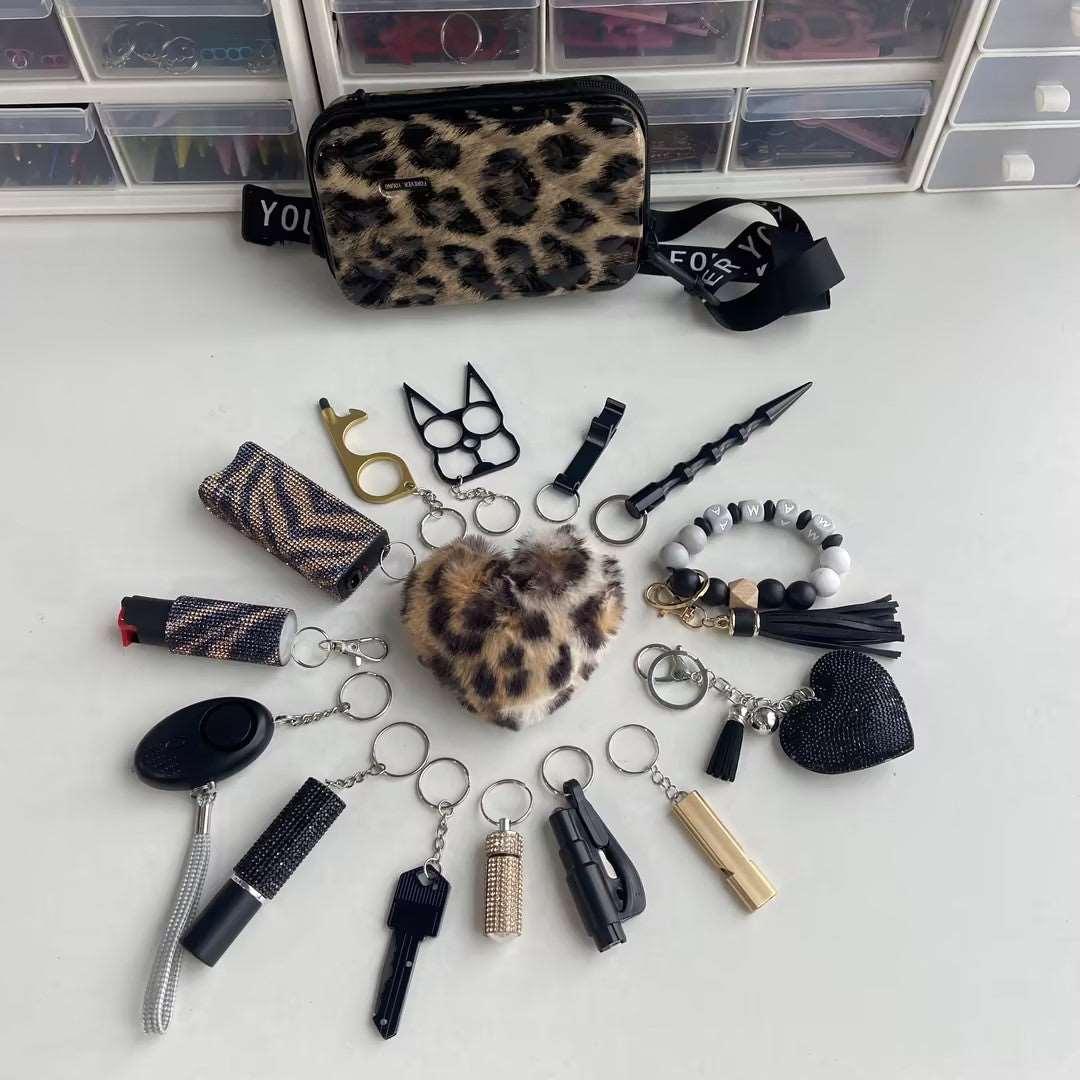 16 PCS | Safety Hammer Makeup bag Keychain Set Leopard print series Set