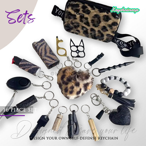 16 PCS | Safety Hammer Makeup bag Keychain Set Leopard print series Set